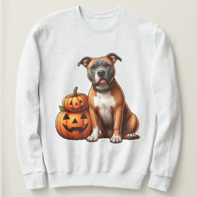 Pitbull with Halloween Pumpkins Sweatshirt (Design Front)