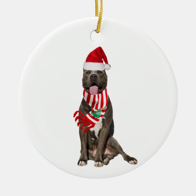 PITBULL With Hat Scaft Christmas Ceramic Tree Decoration (Front)