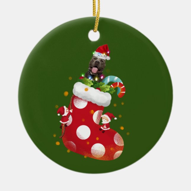 Pitbull With Hat Sock Christmas Ceramic Tree Decoration (Front)