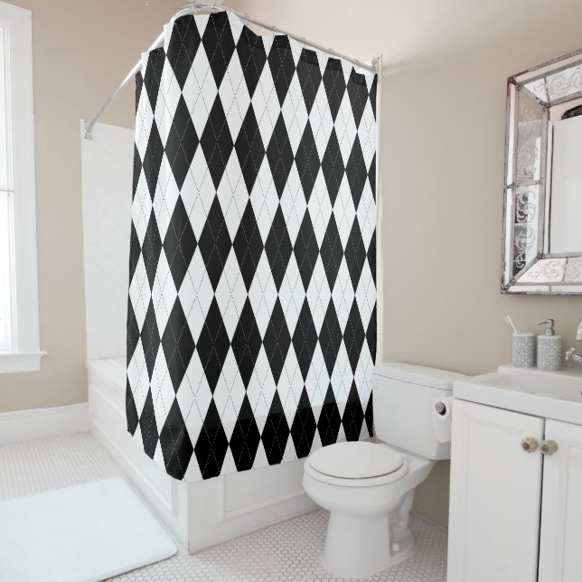 Pitch Black Argyle White Small Diamond Shape Shower Curtain (In Situ)