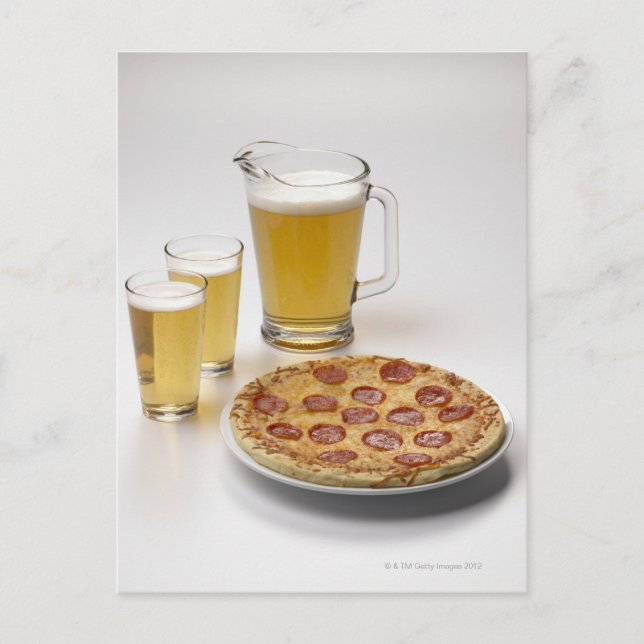 Pitcher and two pints of beer beside pepperoni postcard (Front)