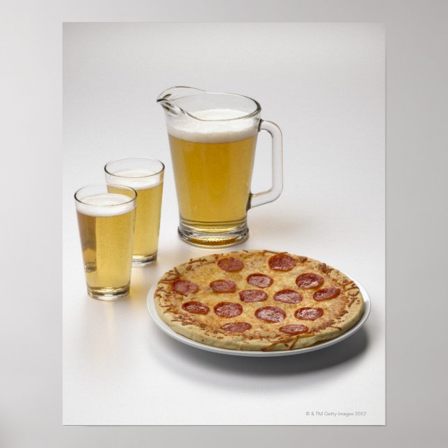 Pitcher and two pints of beer beside pepperoni poster (Front)