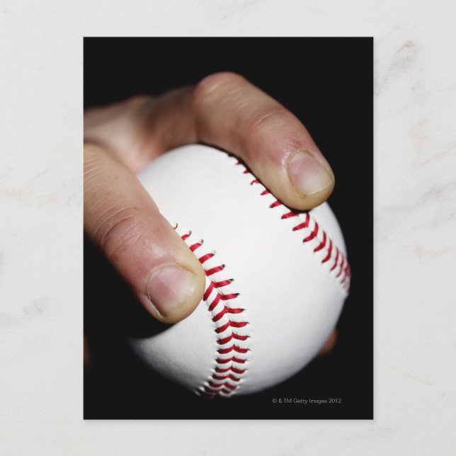 Pitchers hand gripping a baseball postcard (Front)