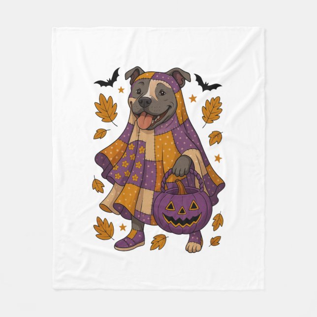 Pitpull Dog Ghost Halloween Fleece Blanket (Front)