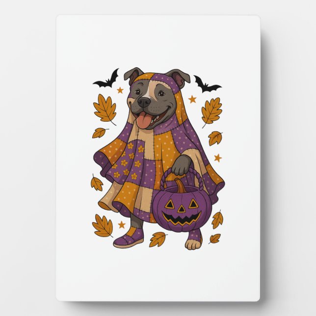 Pitpull Dog Ghost Halloween Plaque (Front)