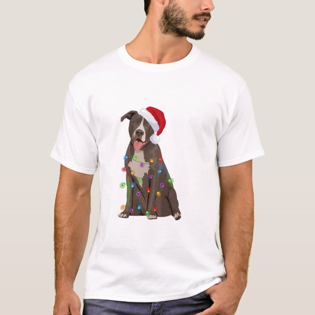 Pittie Pitbull Christmas Lights Xmas Dog Lover  T-Shirt (Front)