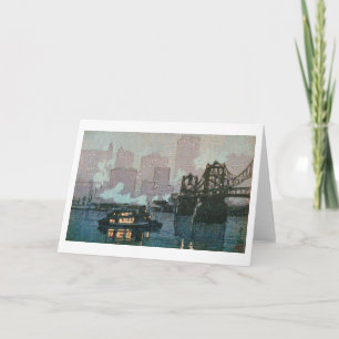 Pittsburgh at Night, Hiroshi Yoshida, Woodcut Card