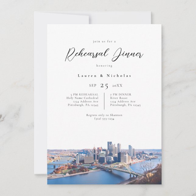 Pittsburgh Cityscape Rehearsal Dinner Invitation (Front)