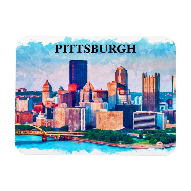 Pittsburgh Cityscape Watercolor Painting Magnet (Horizontal)