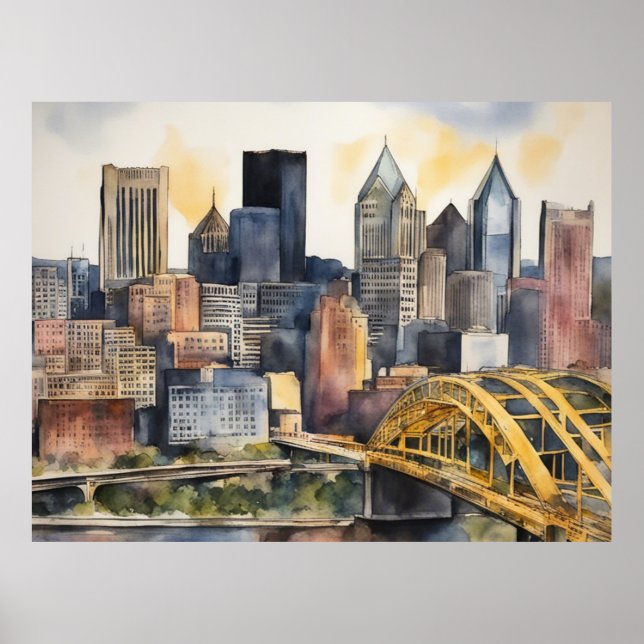 Pittsburgh Cityscape watercolor Poster (Front)
