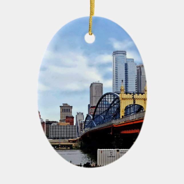 Pittsburgh PA - Train By Smithfield St Bridge Ceramic Tree Decoration (Front)