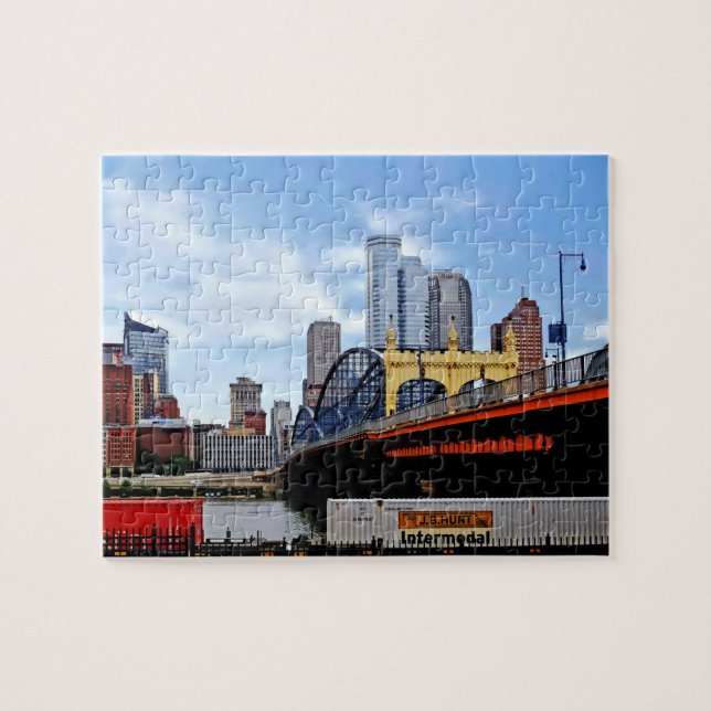 Pittsburgh PA - Train By Smithfield St Bridge Jigsaw Puzzle (Horizontal)