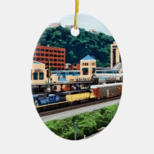 Pittsburgh PA - Train Going By Station Square Ceramic Tree Decoration