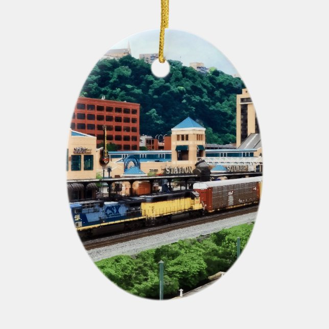 Pittsburgh PA - Train Going By Station Square Ceramic Tree Decoration (Front)