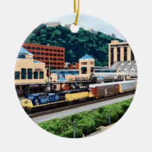 Pittsburgh PA - Train Going By Station Square Ceramic Tree Decoration