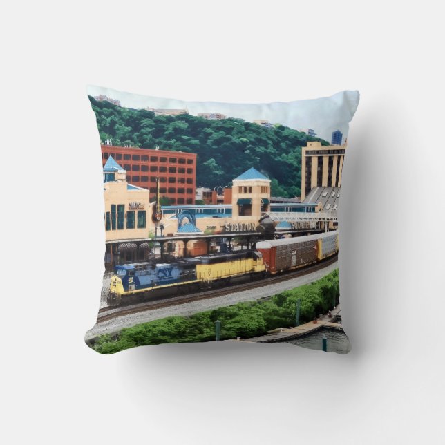 Pittsburgh PA - Train Going By Station Square Cushion (Front)
