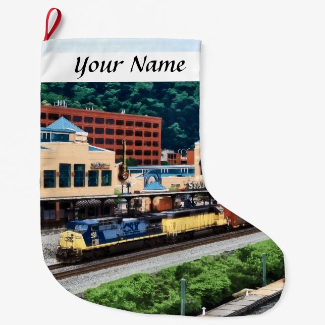 Pittsburgh PA - Train Going By Station Square Large Christmas Stocking (Front)
