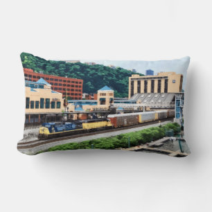 Pittsburgh PA - Train Going By Station Square Lumbar Cushion