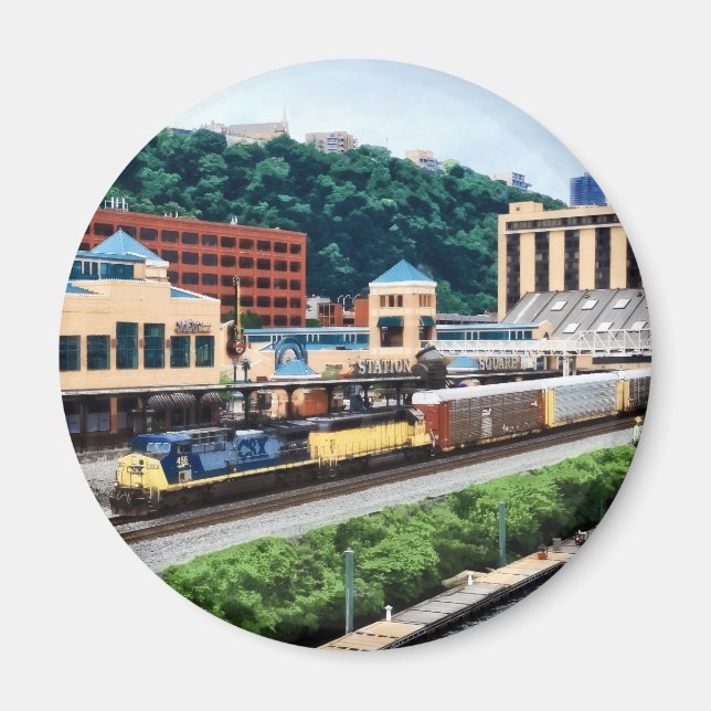 Pittsburgh PA - Train Going By Station Square Magnet (Front)