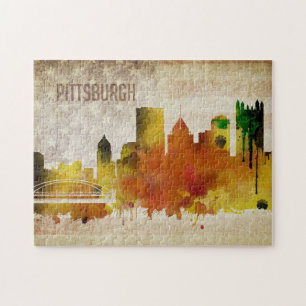 Pittsburgh, PA Watercolor City Skyline Jigsaw Puzzle