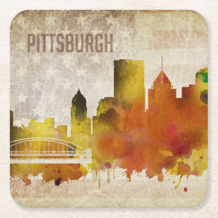 Pittsburgh, PA Watercolor City Skyline Square Paper Coaster