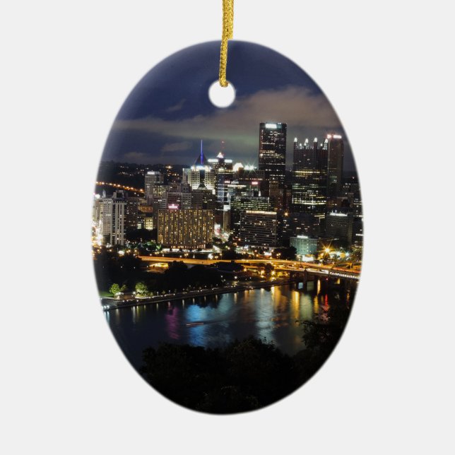 Pittsburgh Skyline at Dusk Ceramic Tree Decoration (Front)