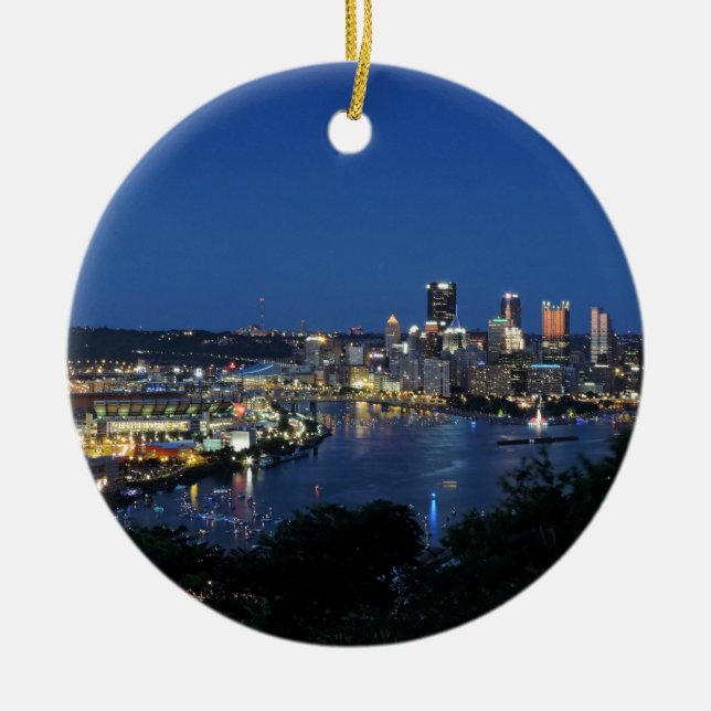 Pittsburgh Skyline at Dusk Ceramic Tree Decoration (Front)
