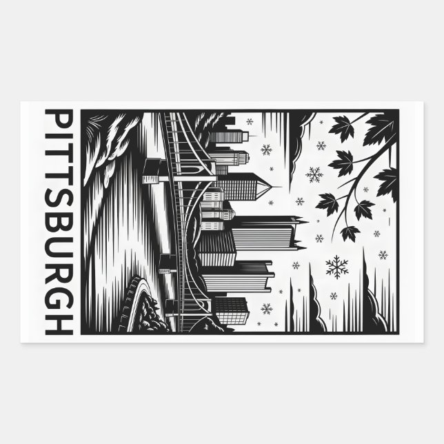 Pittsburgh Skyline Black & White Winter City Rectangular Sticker (Front)