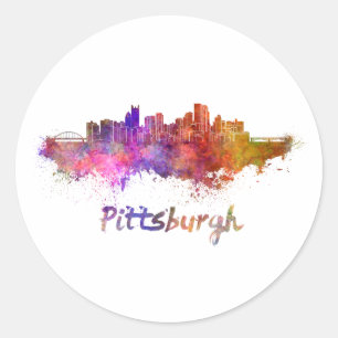 Pittsburgh skyline in watercolor classic round sticker