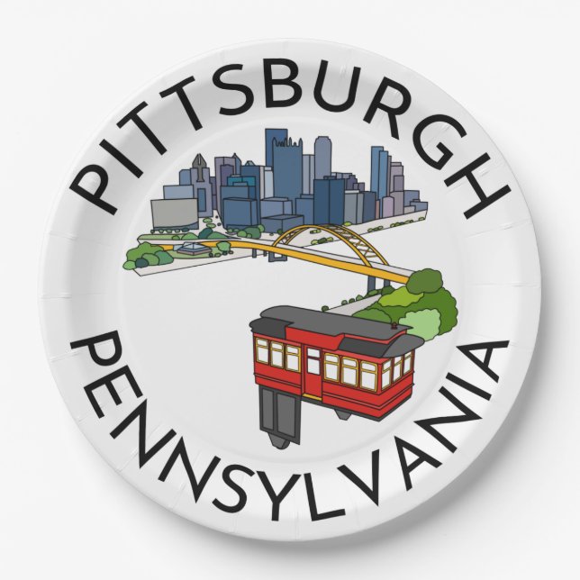 Pittsburgh Steel City Skyline Incline Pennsylvania Paper Plate (Front)