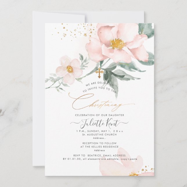 PixDezin H2 Single Petal Blush Roses Christening Invitation (Front)