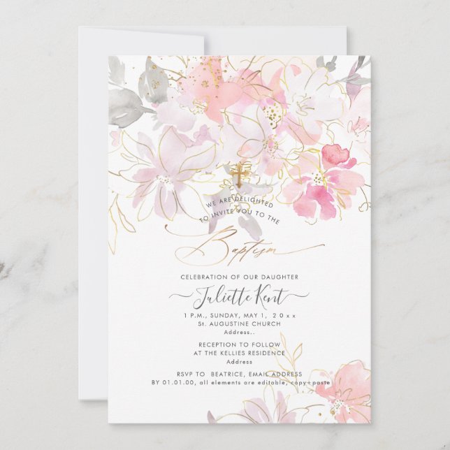 PixDezin Watercolor Blush Sweetpeas Baptism Invitation (Front)