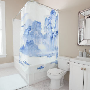 PixDezine Blue Chinoiserie Valley Living Landscape Shower Curtain