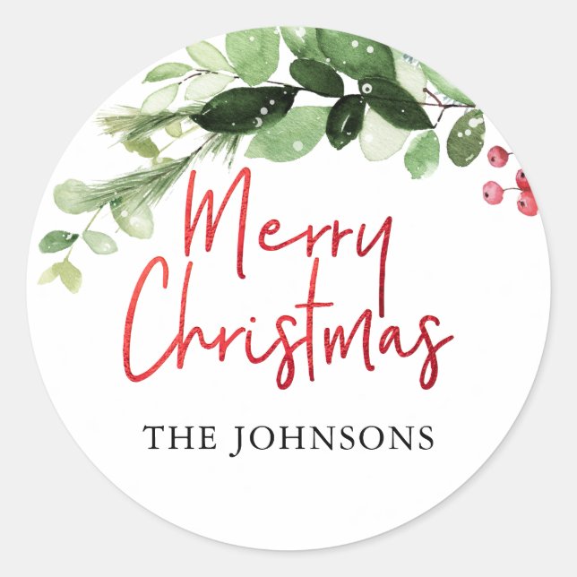 PixDezine Christmas Watercolor Winter Greenery Classic Round Sticker (Front)