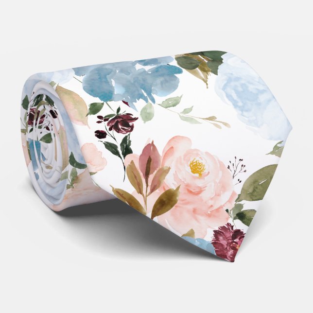 PixDezine H2 Flowers Dusty Blue n Blush Pink Tie (Rolled)