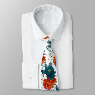 PixDezine H2 Flowers Teal n Rust Orange Tie