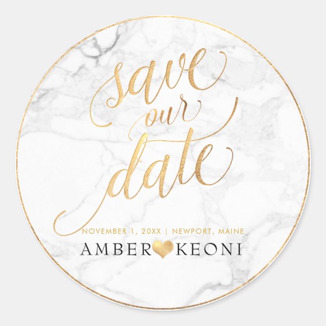 PixDezine Marble/Faux Gold Save Our Date Classic Round Sticker (Front)