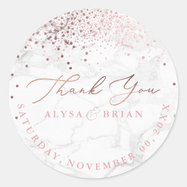 PixDezine Marble/Faux Rose Gold Confetti Thank You Classic Round Sticker (Front)