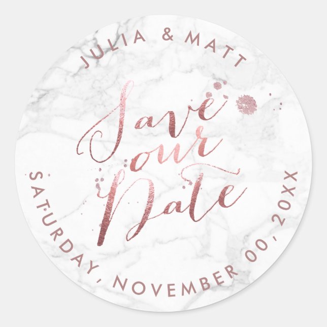PixDezine Marble Save the Date/Faux Rose Gold Classic Round Sticker (Front)