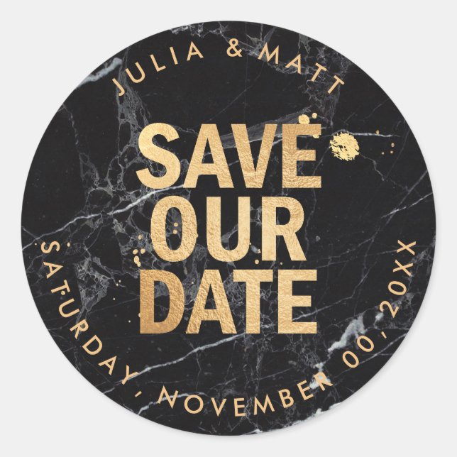 PixDezine Save the Date/Marble+Faux Gold Classic Round Sticker (Front)