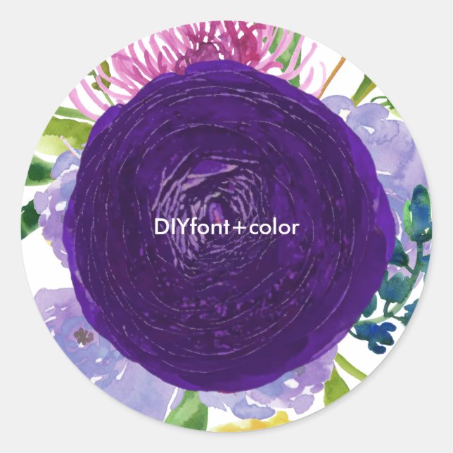PixDezine watercolor floral/purple ranunculus Classic Round Sticker (Front)