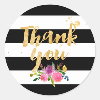 PixDezine watercolor floral/stripes Classic Round Sticker
