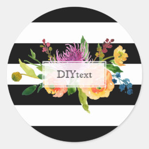 PixDezine watercolor floral/stripes Classic Round Sticker