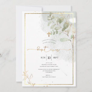 PixDezine Watercolor Green Gold Baptism Invitation