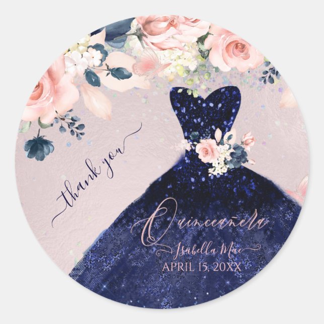 PixDezineQuinceanera Navy Glitter Gown Blush Roses Classic Round Sticker (Front)