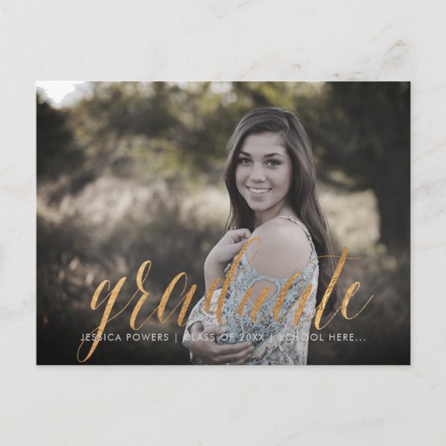 PixDezines 2019 Graduate Photos/Faux Metallic Gold Announcement Postcard (Front)