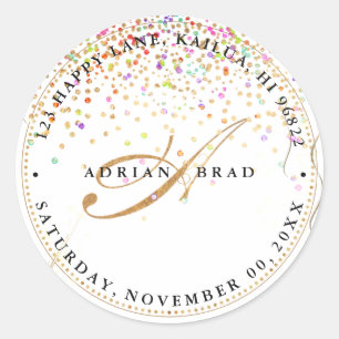 PixDezines A-Z Script Monogram, Rainbow Confetti Classic Round Sticker