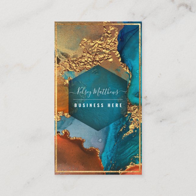 PixDezines Abstract Watercolor Copper Gold Teal Business Card (Front)