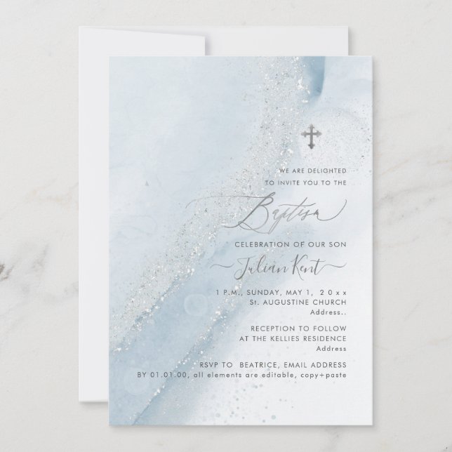 PixDezines Alcohol+Ink Dusty Blue Silver Baptism Invitation (Front)