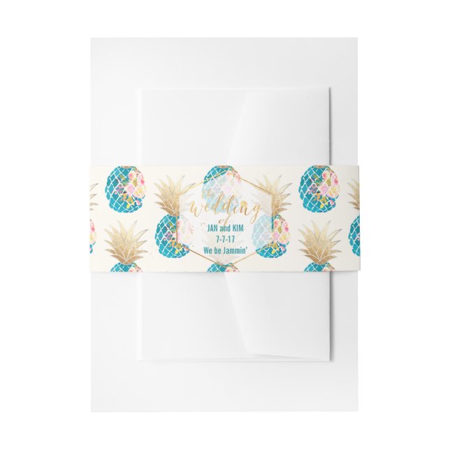 PixDezines Aloha Hawaiian Pineapples/Teal Invitation Belly Band (Front Example)